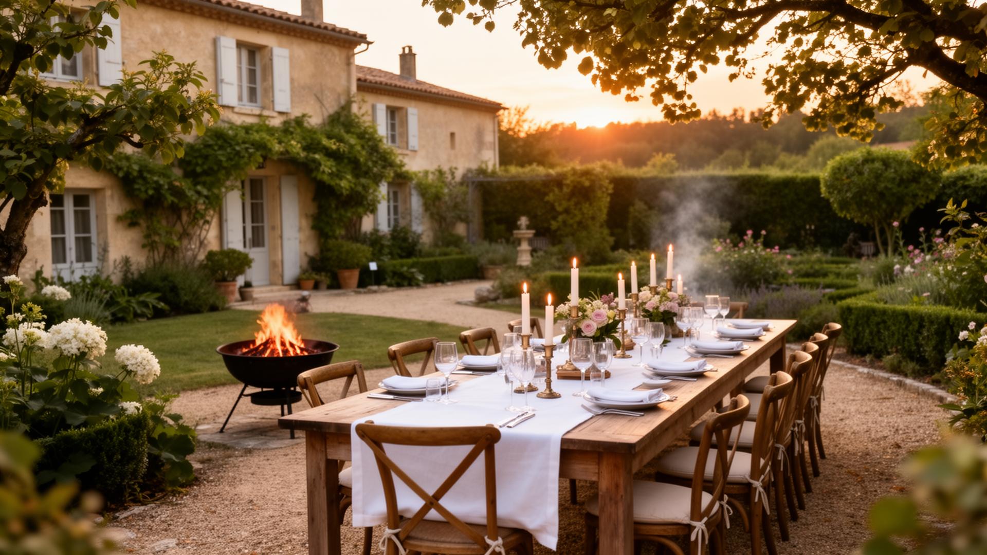 Jardin avec longue table dressée et brasero au crépuscule